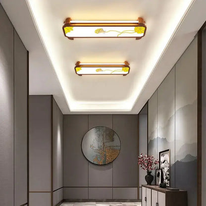 Rectangular decorbites™ led ceiling light with wooden frames and yellow floral enamel panels for entrance balcony