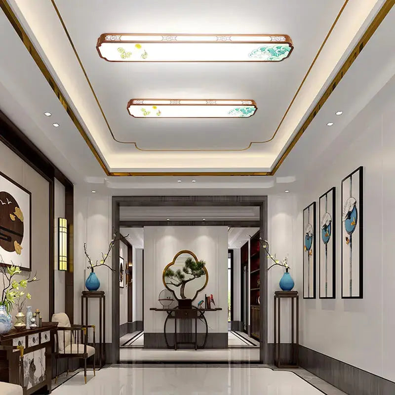 DecorBites™ Chinese style led ceiling lights with gold frames and green yellow enamel floral patterns for entrance balcony