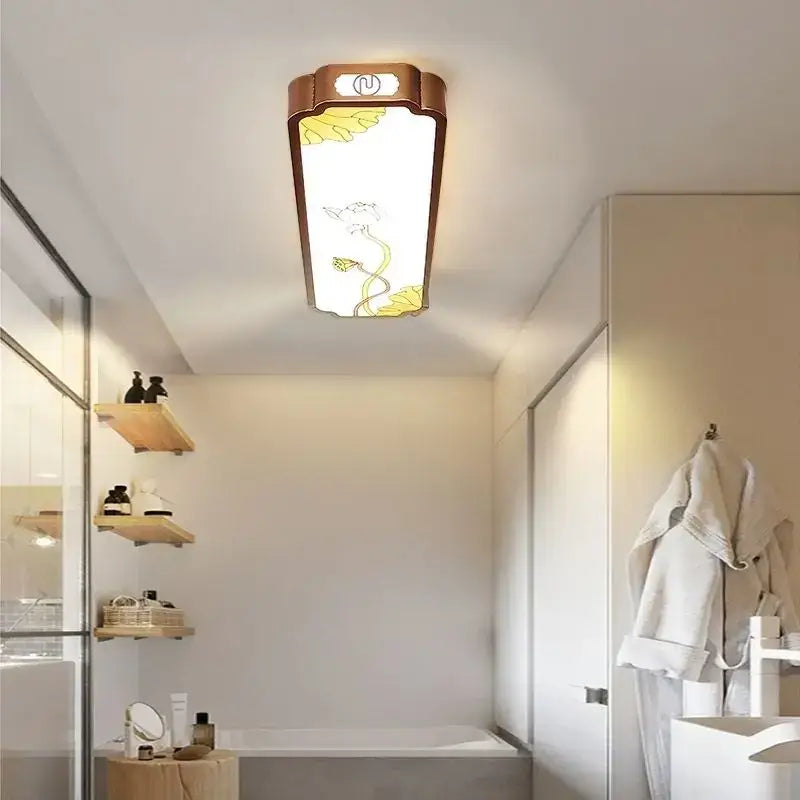 DecorBites™ Chinese style led ceiling lights with bronze frame and frosted glass featuring yellow floral designs for balcony