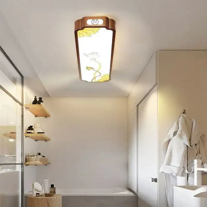 DecorBites™ Chinese style led ceiling lights with bronze frame and frosted glass featuring yellow floral designs for balcony