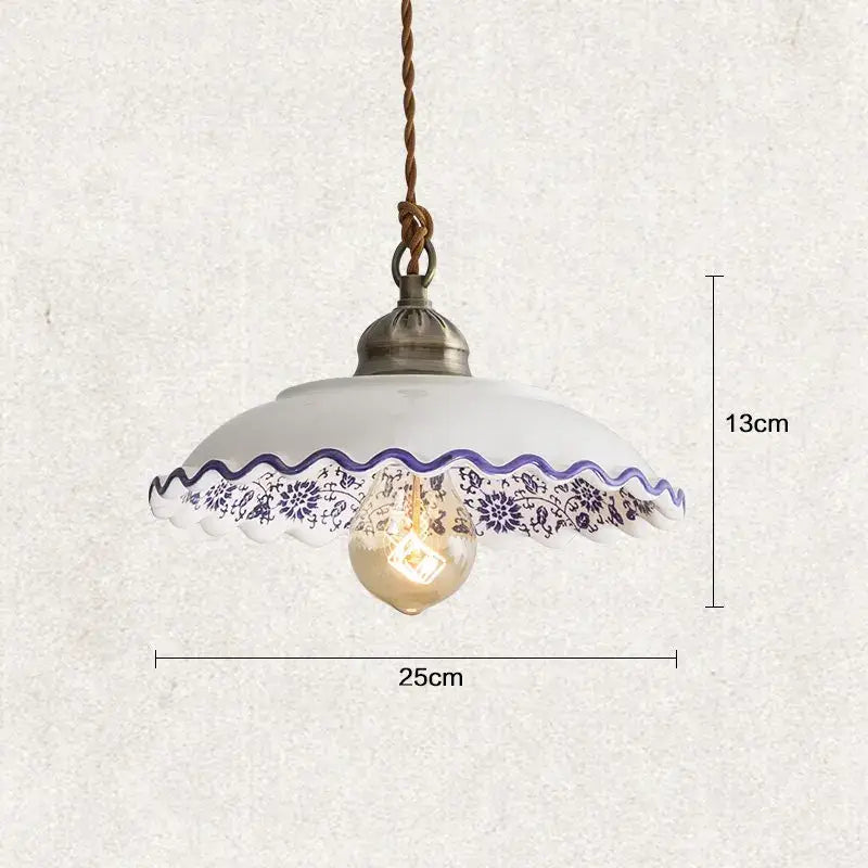 DecorBites Chinese style porcelain hanging lamp with white glass shade and blue floral patterns for clothing store and bedroom