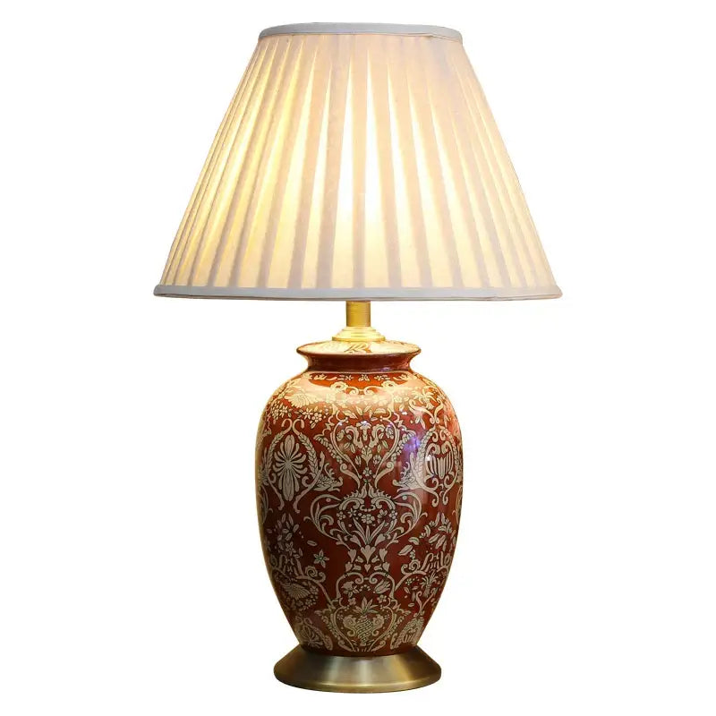 DecorBites™ vintage red ceramic table lamp with burgundy glaze gold damask and off-white pleated fabric shade for living room