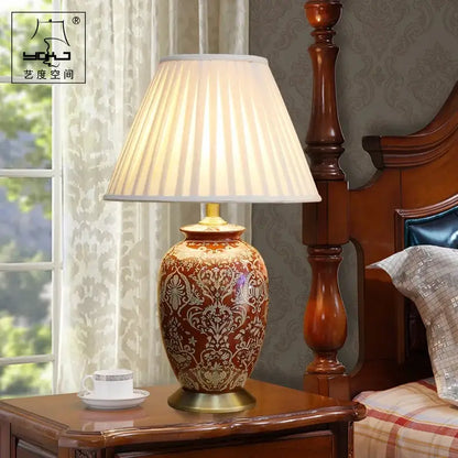 DecorBites™ Chinese style vintage red ceramic table lamp with rich brown body gold damask and off-white shade for living room