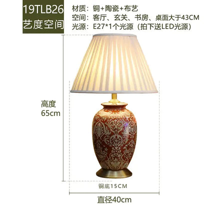 DecorBites™ Chinese style vintage red ceramic table lamp with intricate gold floral base and off-white pleated shade