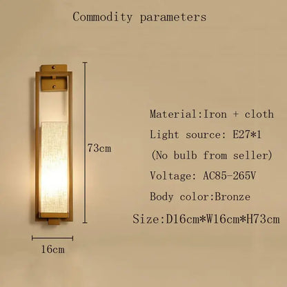 Bronze-finished decorbites chinese style wall lamp with rectangular iron frame and textured cloth diffuser for bedroom and living room