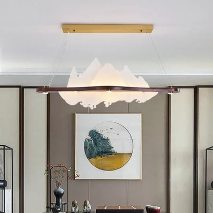 DecorBites™ Chinese style wood art chandelier with cloud-shaped frosted glass diffuser and dark wood frame for zen ambiance