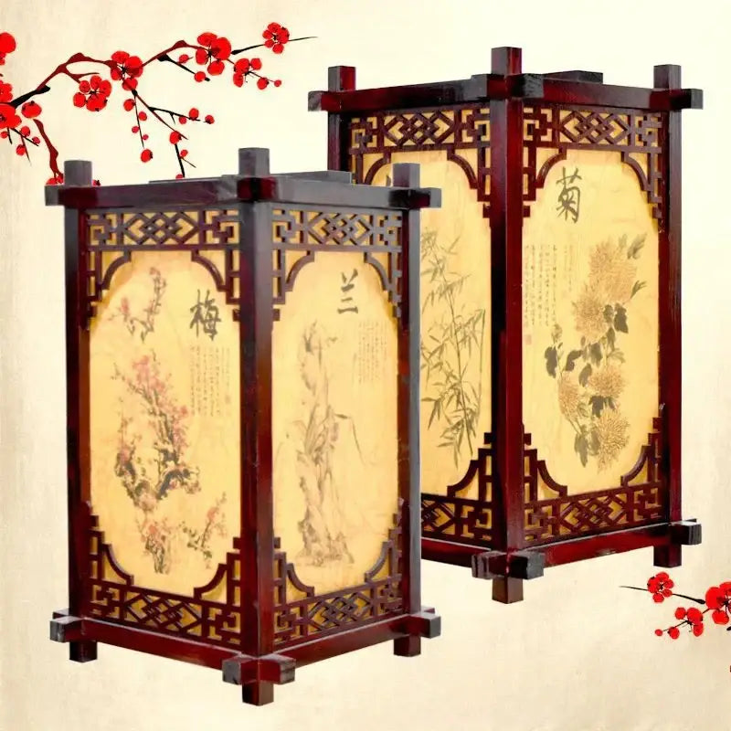 Traditional chinese style wood lantern with dark red frame beige panels featuring ink floral paintings by DecorBites pendant light