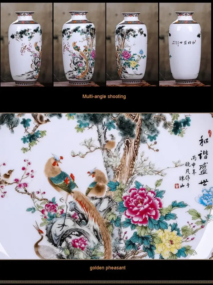 Hand-painted chinese traditional ceramic vase with golden pheasants and vibrant floral designs for home decor