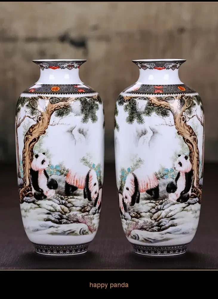 Pair of white chinese traditional ceramic vases with hand-painted panda art and black gold borders for home decor