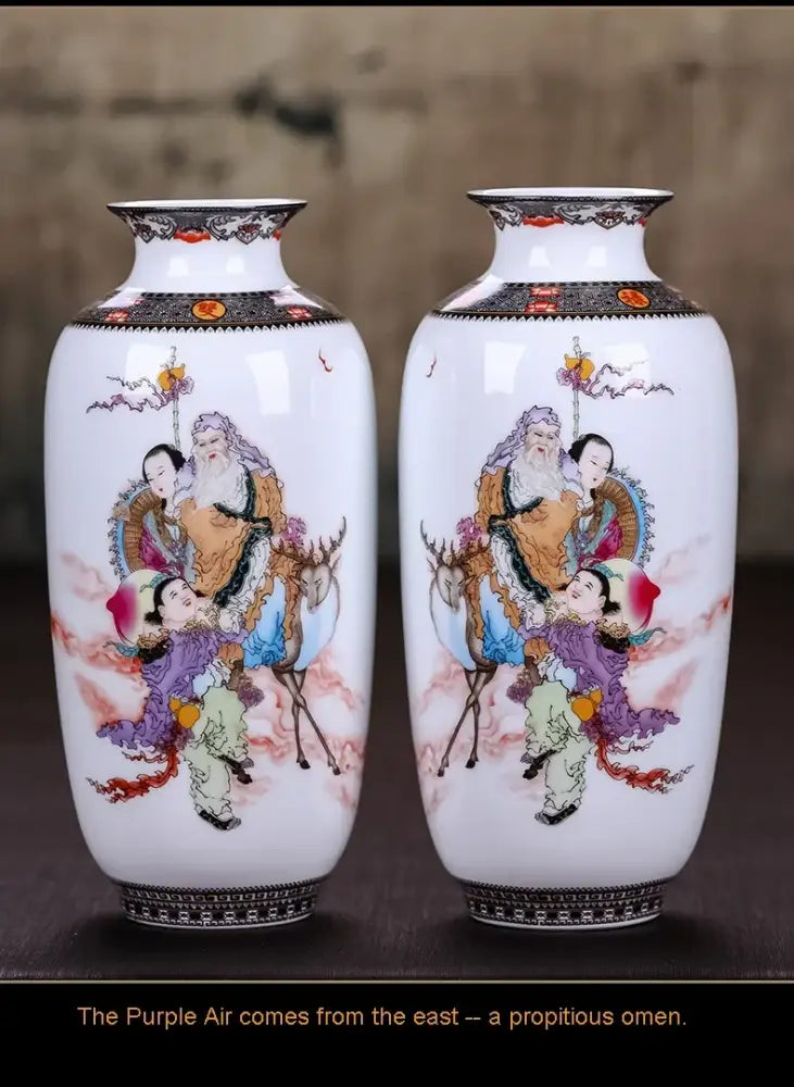 Pair of white porcelain chinese traditional ceramic vases with hand-painted deities and black borders for home decor