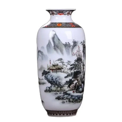 Decorbites™ chinese traditional ceramic vase in white porcelain with black and gray landscape for home decor