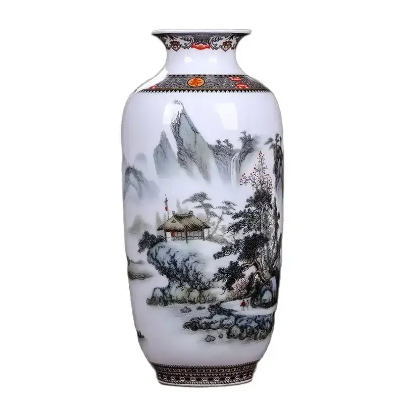 Decorbites™ chinese traditional ceramic vase in white porcelain with black and gray landscape for home decor
