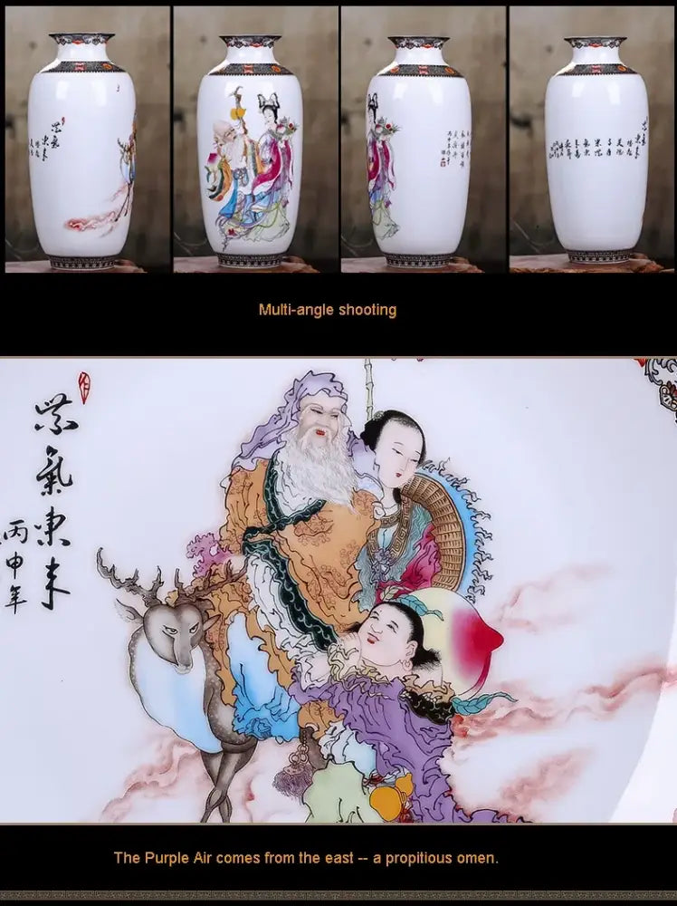 White porcelain chinese traditional ceramic vases with intricate hand-painted deities and gold trim for home decor