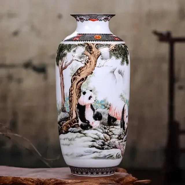A white porcelain DecorBites™ chinese traditional ceramic vase with hand-painted pandas for home decor
