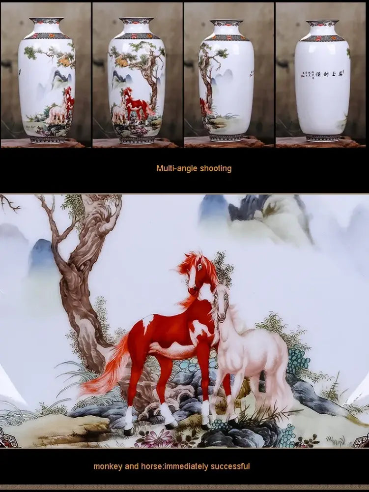 DecorBites™ chinese traditional ceramic vase in white porcelain with hand-painted horses and trees for home decor