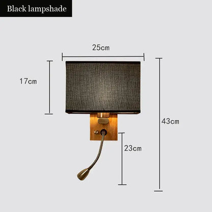Decorbites™ black wood led wall lamp with textured fabric and brass finish for bedroom reading lighting fixture