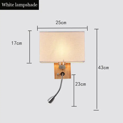 Rectangular white lampshade wood led wall lamp with adjustable gooseneck for bedroom reading by decorbites