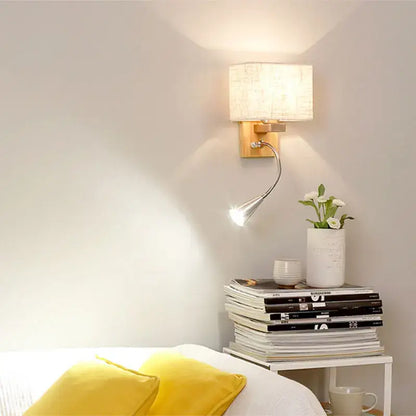 DecorBites™ warm-toned wood LED wall lamp with rectangular fabric shade and flexible arm for bedroom reading lighting