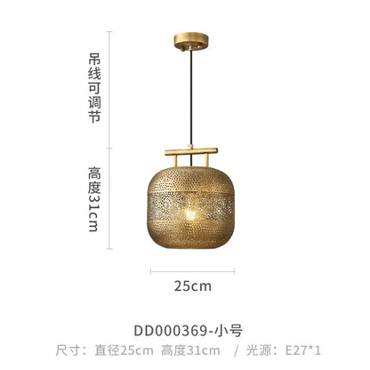 Gold-toned art birdcage pendant light with intricate perforated metalwork for zen decor in restaurant or tea room