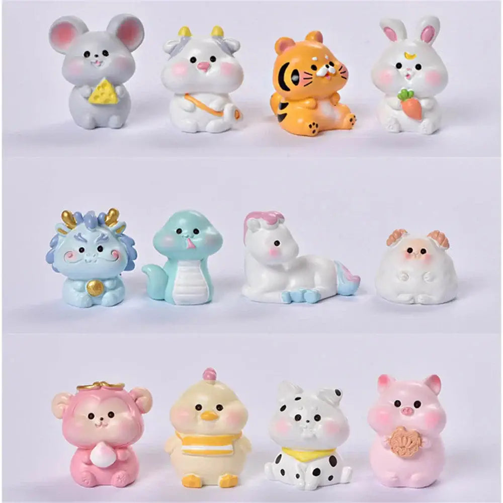 Cute pastel-colored resin amethyst tree figurines featuring unique Chinese zodiac animals holding items for home decor