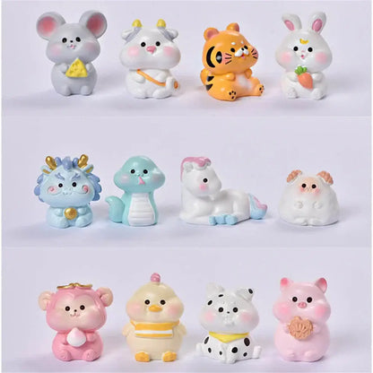 Cute pastel-colored resin amethyst tree figurines of chinese zodiac animals each holding a unique item for home decor