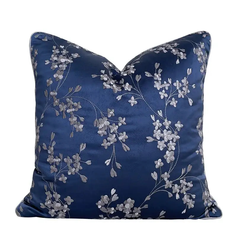 Deep blue satin cushion cover with delicate silver floral embroidery decorbites chinoiserie blue peony design