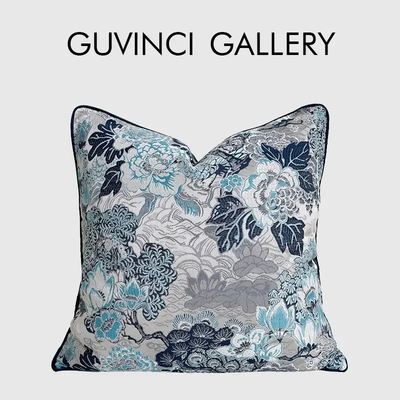 Square decorative cushion cover with intricate teal navy chinoiserie blue peony floral jacquard pattern by decorbites