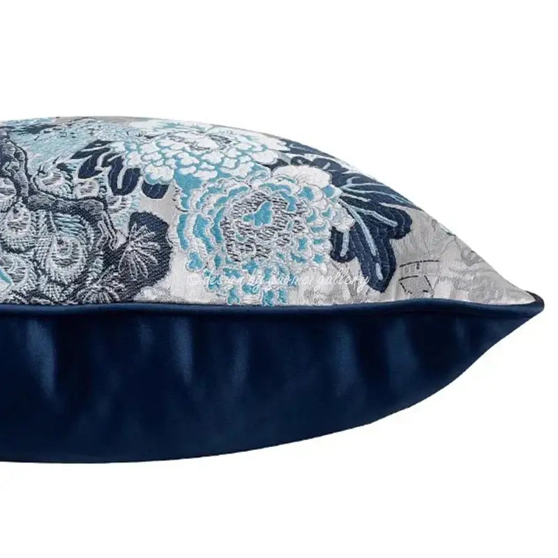 Rectangular cushion cover with luxurious embroidered teal navy and silver chinoiserie blue peony pattern by decorbites chinoiserie blue