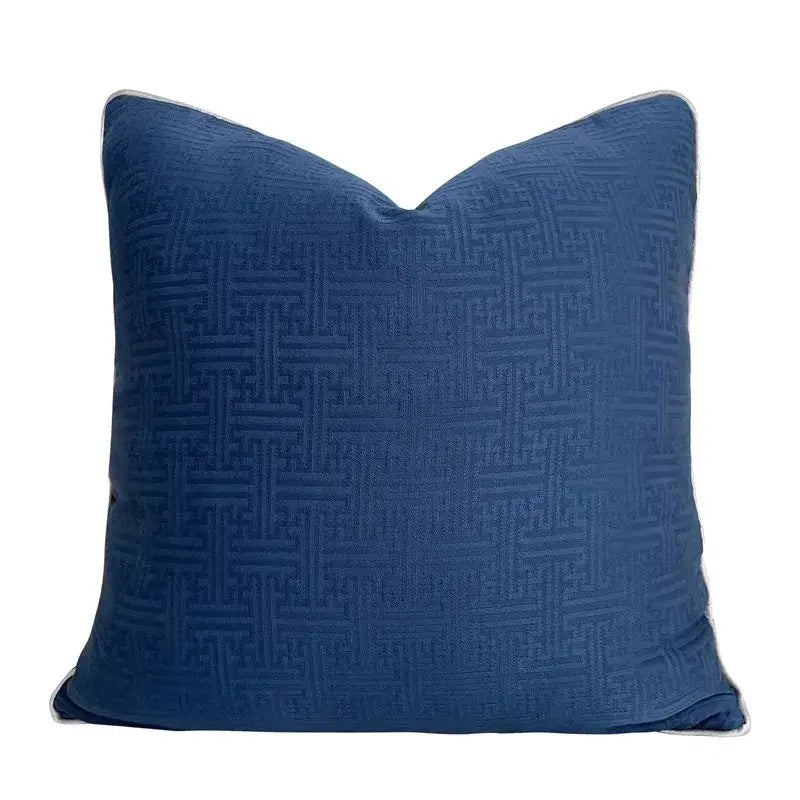 Deep blue square cushion cover with subtle woven geometric pattern and light gray piping by decorbites chinoiserie blue peony