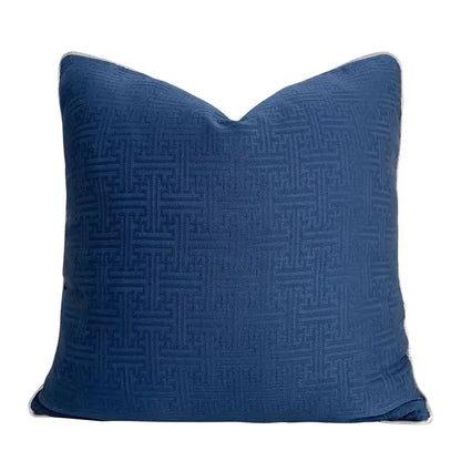 Deep blue square cushion cover with subtle woven geometric pattern and light gray piping by decorbites chinoiserie blue peony