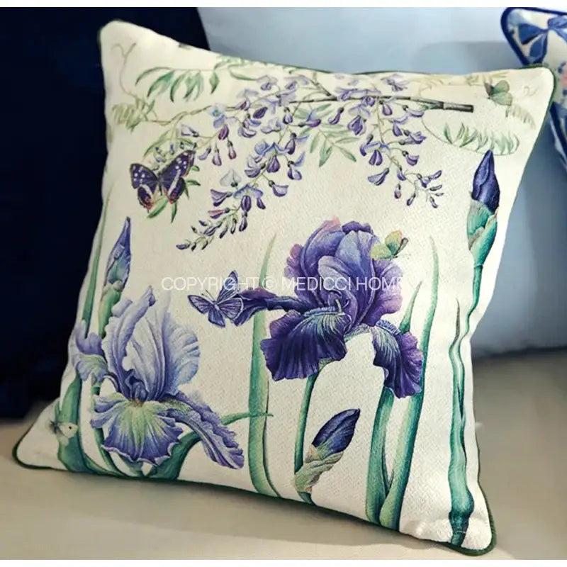 A cream decorbites chinoiserie blue wavy fan pillowcase with purple irises wisteria and blue green butterflies print