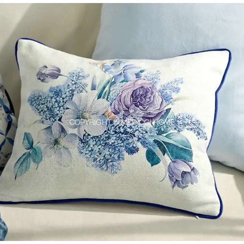 Rectangular decorbites chinoiserie blue wavy fan pillowcase with floral design and navy piping on off-white fabric