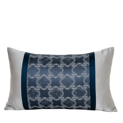 Rectangular pillow cover with navy blue chinoiserie decor throw featuring white quatrefoil pattern by decorbites chinoiserie decor
