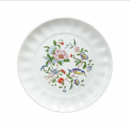 White ceramic decorbites chinoiserie floral birds dinner plate with hand-painted colorful floral birds design