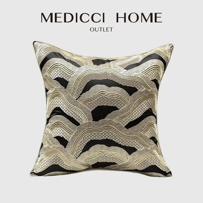 Medicci home outlet cushion cover with chinoiserie golden embroidered black and beige wave pattern luxury decorbites design