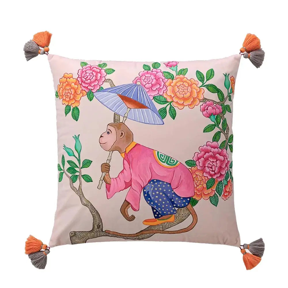 Pink DecorBites chinoiserie monkey cushion with monkey umbrella peonies design and orange gray tassels at corners