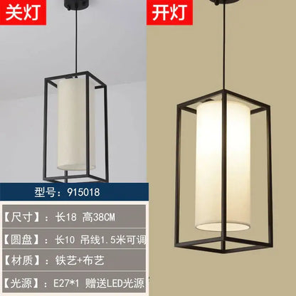 Black metal-framed decorbites chinoiserie retro chandelier with cylindrical off-white fabric shade for study dining room lighting