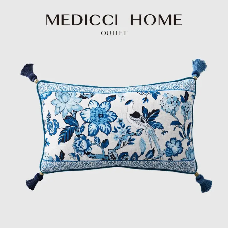 Decorbites™ chinoiserie style blue white porcelain birds floral lumbar pillow case with tassels at each corner