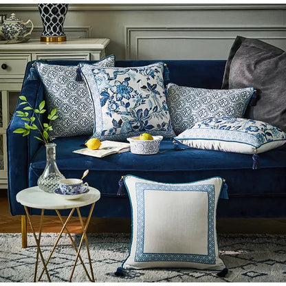 DecorBites™ chinoiserie style blue and white porcelain birds floral lumbar pillow case with tassels