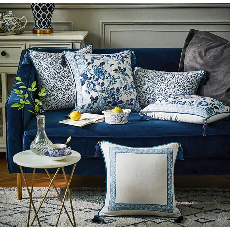 DecorBites™ chinoiserie style blue and white porcelain birds floral lumbar pillow case with tassels