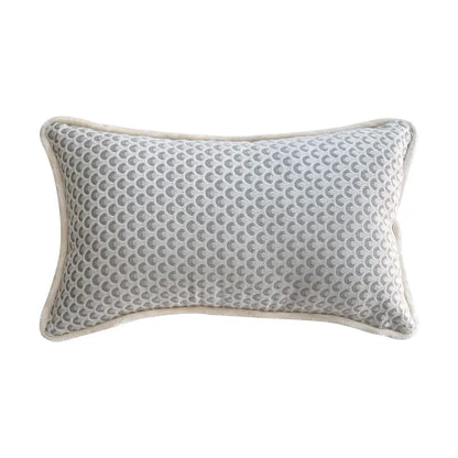 Decorbites™ chinoiserie sunset glow landscape accent cushion cover in light gray fabric with embossed dark gray scalloped pattern and cream piping