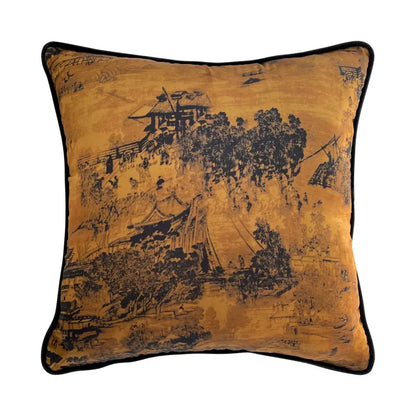 Golden accent cushion cover with black ink style traditional chinese landscape and contrasting black piping by decorbites