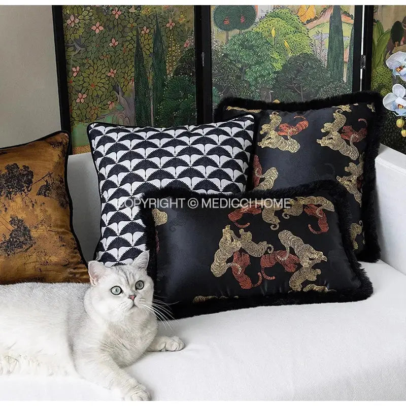 Decorbites™ chinoiserie sunset glow accent cushion cover in black satin with gold and red embroidered tigers and faux fur trim
