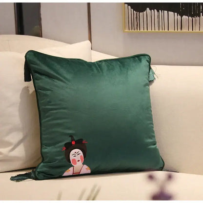 Deep emerald velvet cushion cover with embroidered tang dynasty geisha design and matching tassels by decorbites chinoiserie tang