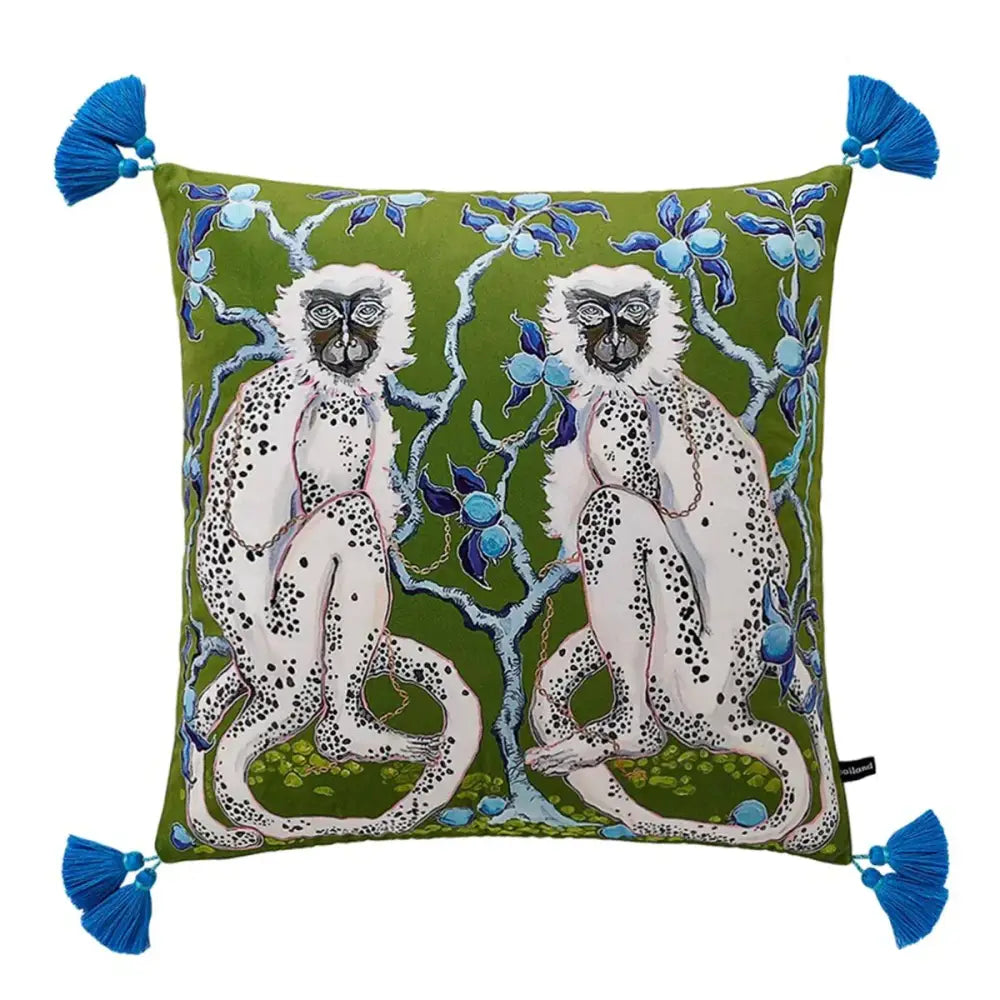 Olive green velvet pillow cover with two white spotted monkeys and blue tassels by decorbites chinoiserie velvet lumbar