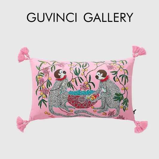 Pink rectangular decorbites chinoiserie velvet pillow cover with embroidered monkeys and pink tassels 30x50cm