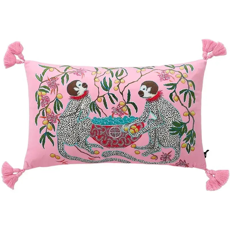 Pink rectangular pillow cover featuring embroidered spotted monkeys under a tree with tassels decorbites chinoiserie velvet lumbar