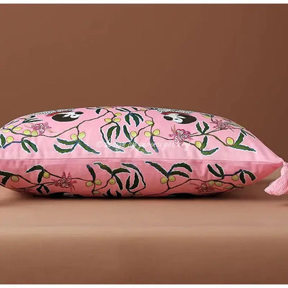 Pink satin DecorBites chinoiserie velvet lumbar pillow cover with embroidered floral olive branch pattern and tassel