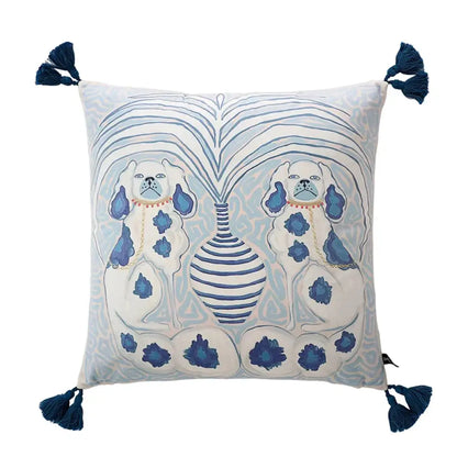 Square blue and white embroidered cushion cover with two dogs, striped vase, navy tassels by decorbites chinoiserie zebra peonies cushion cover