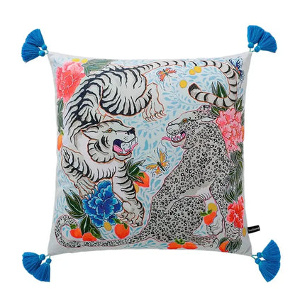 Vibrant decorbites chinoiserie zebra and peonies cushion cover featuring tigers leopards flowers and blue tassels